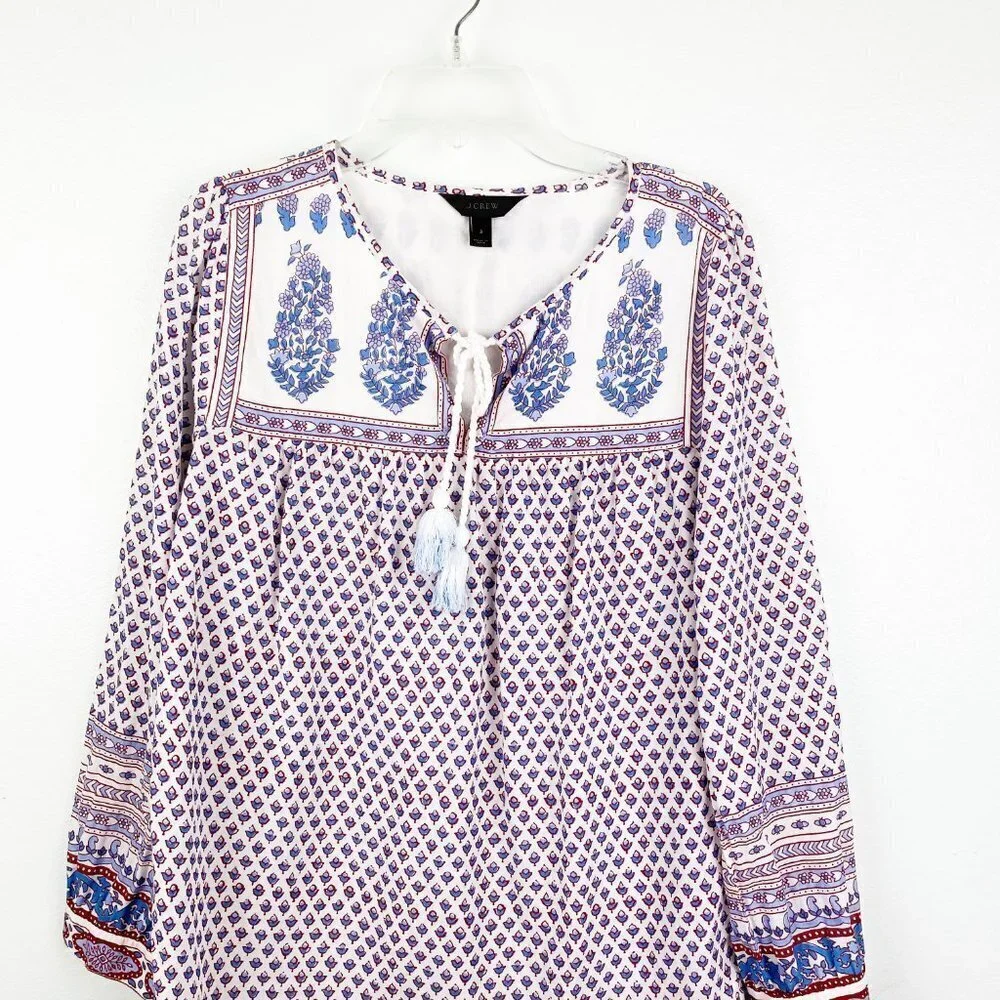 ☀️ J CREW Point Sur Printed Boho Floral Tassel Top Size XS Oversize